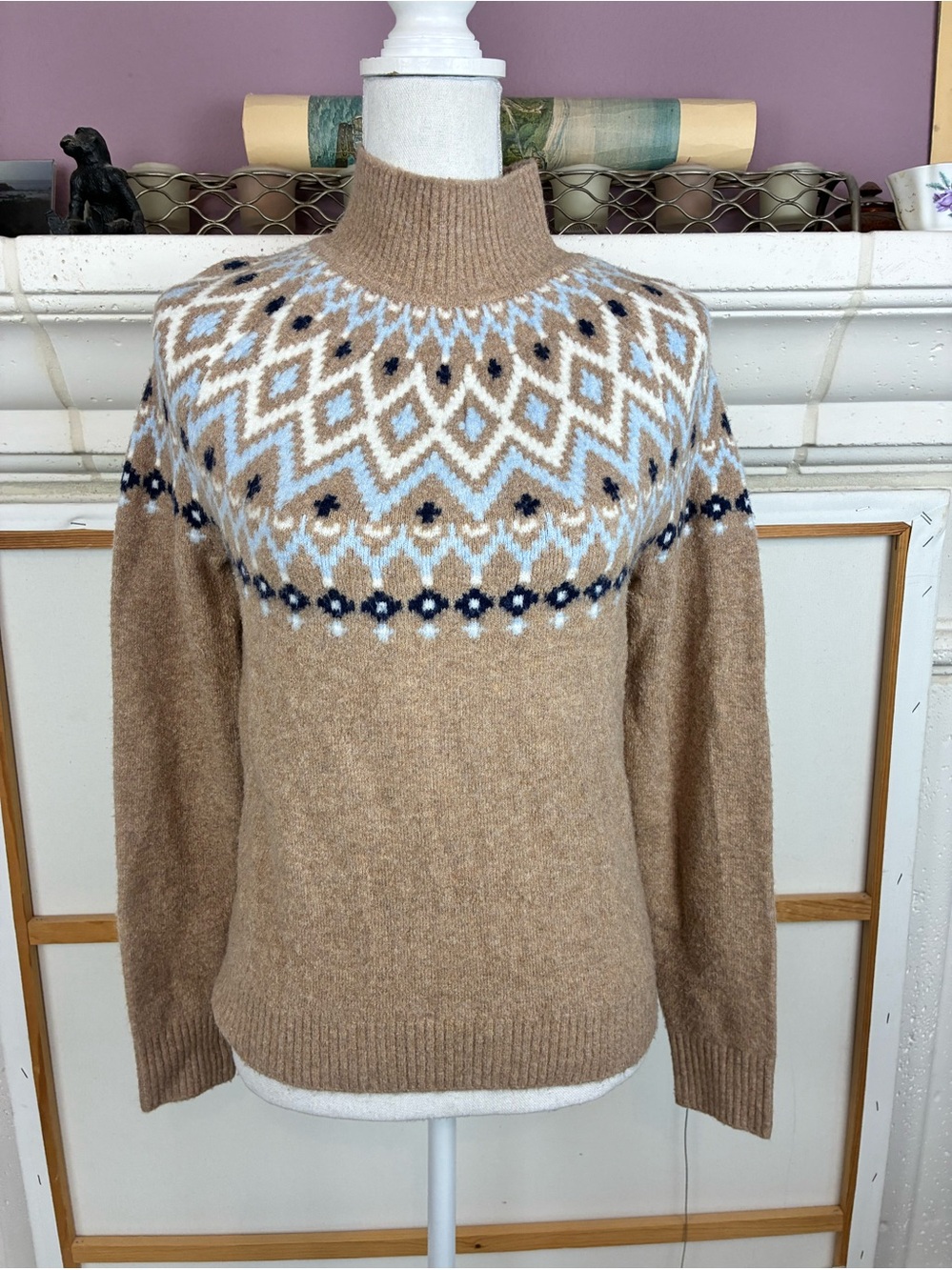 J. Crew Tan Fair Isle Turtleneck Sweater with Blue and Navy Yoke Oversized